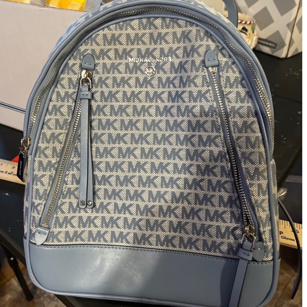 Michael Kors Rhea Medium Logo Backpack Pale Blue‎ Monogram Leather Trim Bag